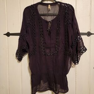 Peaco & Pearls Womens Top Purple Sheer Blouse Size Small